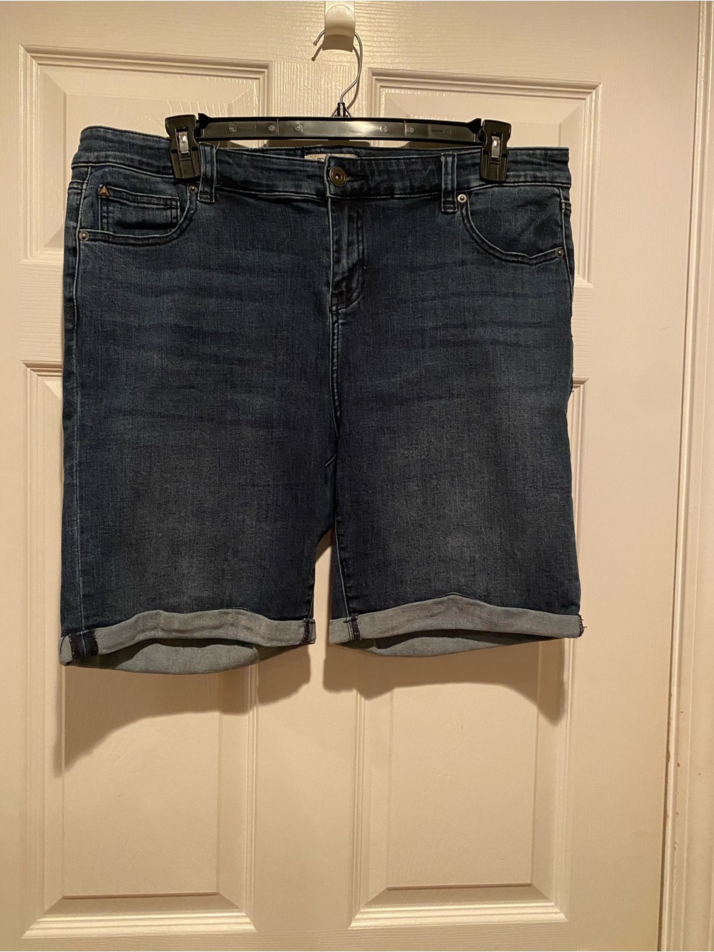 Dark Wash Denim Bermuda Shorts - Classic Roll-Cuff